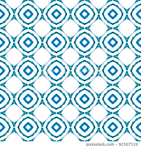 Textile ready graceful print, swimwear fabric, wallpaper, wrapping. Blue stylish boho chic summer design. Ethnic hand painted pattern. Watercolor summer ethnic border pattern. 92507519