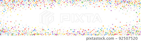 Festive sightly confetti. Celebration stars. Rainbow bright stars on white background. Alluring festive overlay template. Panoramic vector background. 92507520
