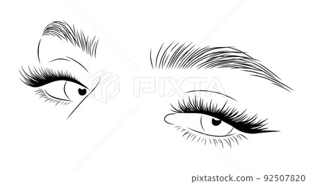 Realistic lashes on white background. Female woman eyes and brows icon. Lamination and extension eyelashes. Beauty studio logo. Linear vector Illustration in trendy minimalist style 92507820