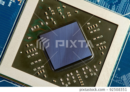 Close-up of computer chip on a part of Computer graphics card Close-up of computer chip on a part of Computer graphics card 92508351