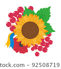 Bouquet with poppy, sunflower and kalyna Ribbon with flag of ukraineVector illustration 92508719