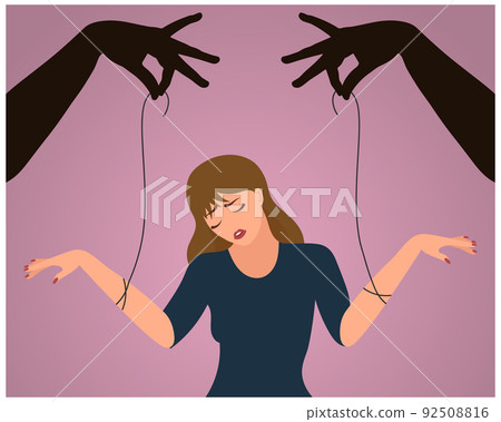 Human manipulation concept. Hands hold a woman by the threads. Illustration, vector Human manipulation concept. Hands hold a woman by the threads. Illustration, vector 92508816
