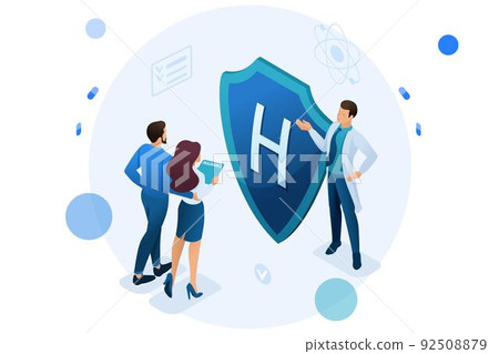 Young doctor offers health insurance to the couple. Concept of health insurance. 3d isometric Concept for web design 92508879