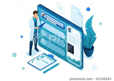 Doctor looks at the patient's electronic chart on the tablet. Health care concept. 3d isometric. Concept for web design-01 92508884