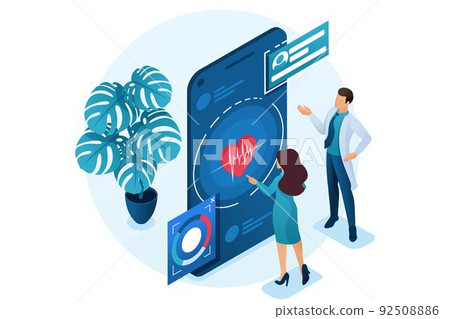 Doctor shows the patient how to use the application to maintain health. Health care concept. 3d isometric. Concept for web design 92508886