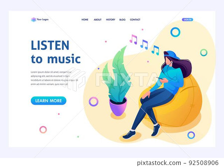 Teenage girl listens to music on her smartphone and uses a social network. 3d isometric. Landing page concepts and web design 92508906