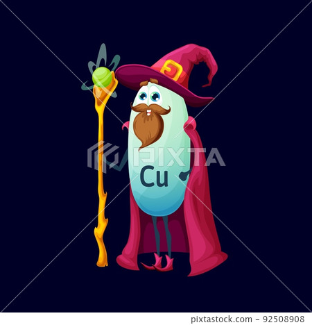 Cartoon cuprum or copper micronutrient mage character. Isolated bearded vector Cu wizard warlock nutrient capsule personage wear red witch hat and cloak holding staff. Funny supplement wiz personage Cartoon cuprum or copper micronutrient mage character. Isolated bearded vector Cu wizard warlock nutrient capsule personage wear red witch hat and cloak holding staff. Funny supplement wiz personage 92508908