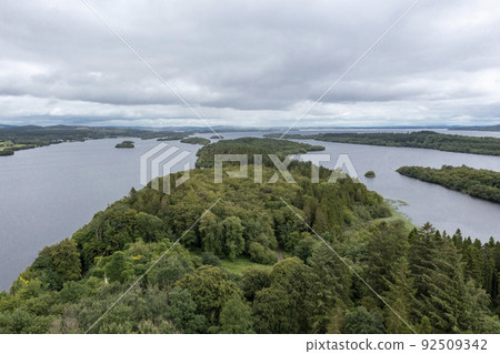 Aerial view of Castle Caldwell forest in County Fermanagh - Northern Ireland 92509342