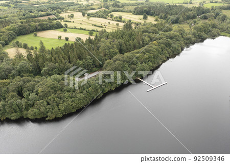 Aerial view of Castle Caldwell jetty in County Fermanagh - Northern Ireland 92509346