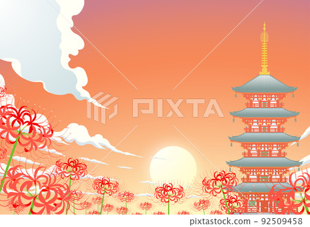 群孤挺花、彼岸花、夕陽天空、五層寶塔 92509458