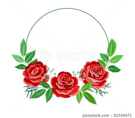 Round Rose Frame with Red Lush Bud and Green Leaves Arranged in Shape with Border Vector Illustration Round Rose Frame with Red Lush Bud and Green Leaves Arranged in Shape with Border Vector Illustration 92509971