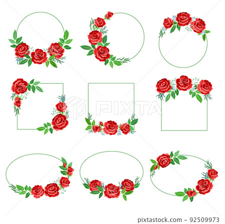 Rose Frame with Red Lush Bud and Green Leaves Arranged in Shape with Border Vector Set 92509973