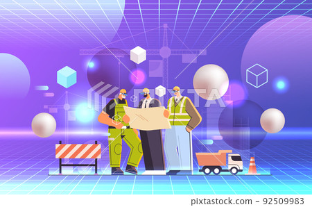 construction workers in virtual reality glasses holding blueprint vr vision headset innovation metaverse concept construction workers in virtual reality glasses holding blueprint vr vision headset innovation metaverse concept 92509983