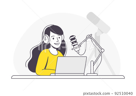 Podcast Recording with Young Woman with Microphone Broadcasting and Live Streaming Outline Vector Illustration 92510040