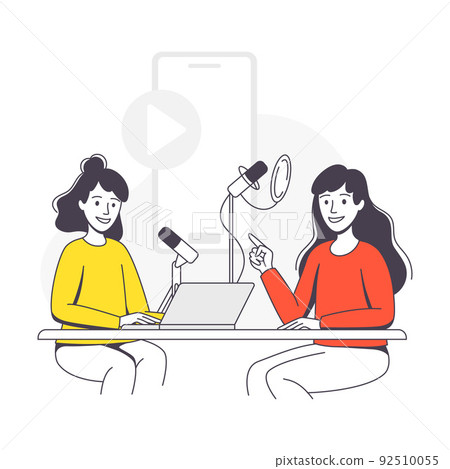 Podcast Recording with Young Woman with Microphone Broadcasting and Live Streaming Outline Vector Illustration 92510055