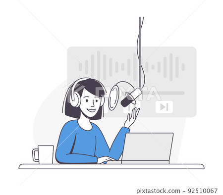 Podcast Recording with Young Woman with Microphone Broadcasting and Live Streaming Outline Vector Illustration Podcast Recording with Young Woman with Microphone Broadcasting and Live Streaming Outline Vector Illustration 92510067