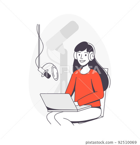 Podcast Recording with Young Woman with Microphone Broadcasting and Live Streaming Outline Vector Illustration Podcast Recording with Young Woman with Microphone Broadcasting and Live Streaming Outline Vector Illustration 92510069