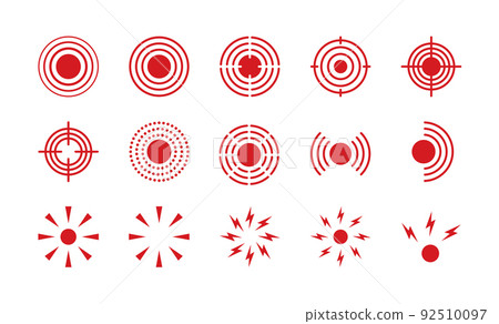 Pain point icons set. Pain red circles mark. Target spot symbols for medical design. Concept killer for headaches, abdominal aches. Editable stroke. Vector illustration isolated on white background 92510097