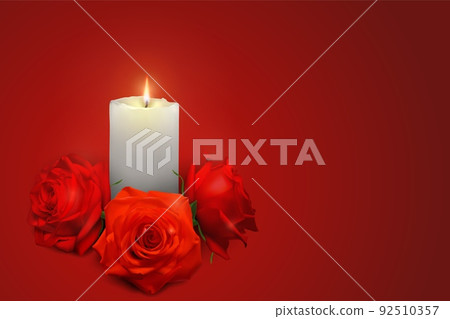 Realistic candle and rosebuds on a red background. 92510357