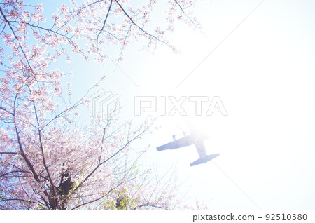 在藍天和櫻花中飛行的運輸機 92510380