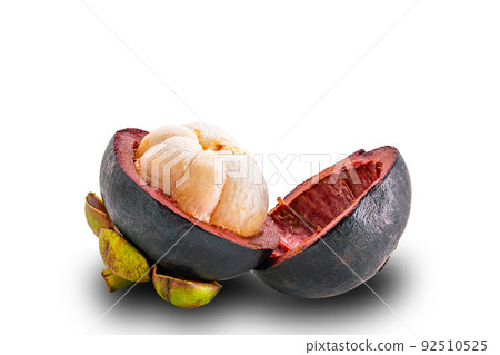 Closeup view of half cut mangosteen isolated on white background. Closeup view of half cut mangosteen isolated on white background. 92510525