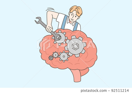 Man with instruments fix brain Man with instruments fix brain 92511214