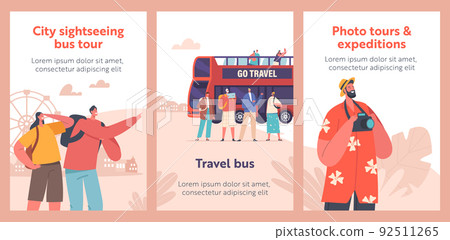 Travel And Tourism Banners. City Bus Tour In Double Decker, Tourists Group On Excursion. Characters Visiting Sightseeing Travel And Tourism Banners. City Bus Tour In Double Decker, Tourists Group On Excursion. Characters Visiting Sightseeing 92511265