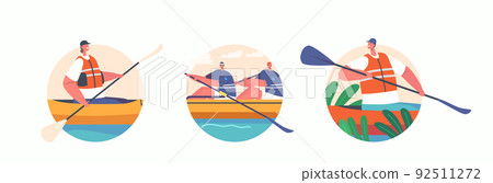 People on Boats Kayaking, Canoeing or Rafting Sport Isolated Icons or Avatars. Sportsmen Rowing in Kayaks Activity People on Boats Kayaking, Canoeing or Rafting Sport Isolated Icons or Avatars. Sportsmen Rowing in Kayaks Activity 92511272