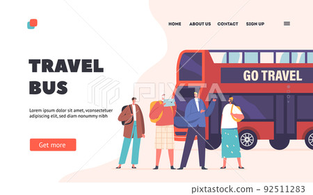 People in Bus Trip Landing Page Template. Tourists Travel, Shoot Photo, Enjoy Sightseeing. Characters Near Double Decker 92511283