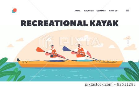 Recreational Kayak Landing Page Template. Kayaking or Rafting Travel. Man and Woman in Life Vest Rowing in Kayaks 92511285