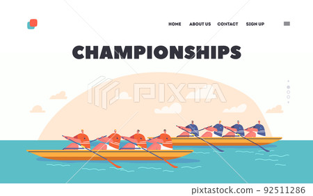 Championship Landing Page Template. Rowing Competitions, Sport. Athletes Swim On Canoe or Kayak Boats, Rowing Water Game 92511286