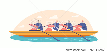 Four Athletes Swim On Boat. Concept Of Rowing Competition, People Enjoy Active Water Sports Game, Extreme Activity 92511287