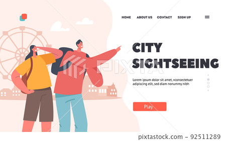 Characters Summer Travel Landing Page Template. Tourists Visit Foreign Landmarks. Man and Woman Look on City Sightseeing Characters Summer Travel Landing Page Template. Tourists Visit Foreign Landmarks. Man and Woman Look on City Sightseeing 92511289