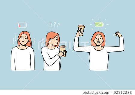 Woman before and after coffee 92512288