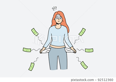 Unhappy woman with empty pockets  92512360