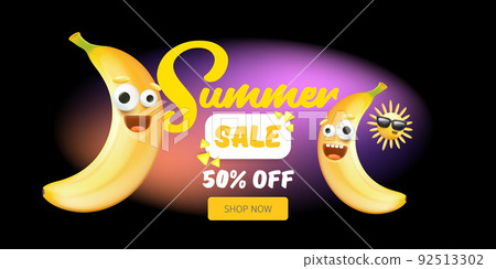 Summer sale funny horizontal banner with cartoon sun and funky banana character isolated on black background with lights. Vector 3d horizontal summer hot sale poster, flyer, banner, tag and background 92513302