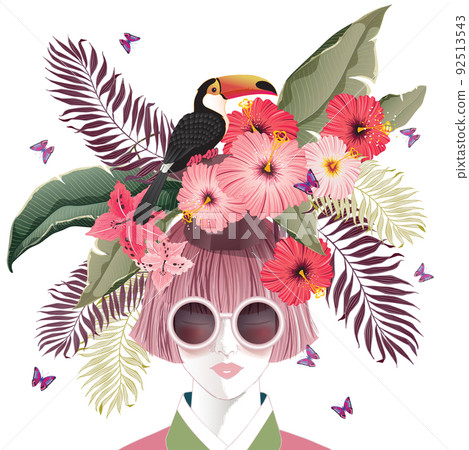 Vector illustration of a sunglasses woman with floral bouquet on her hair in spring for Wedding, anniversary, birthday and party. Design for banner, poster, card, invitation and scrapbook 92513543