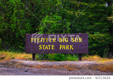 Welcome sign at the entrance to Pfeiffer Big Sur State Park in California 92513626