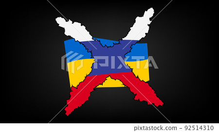 Flag of Russian Federation crosses out Ukrainian flag on black background. Pressure on Ukraine from Russia. 92514310