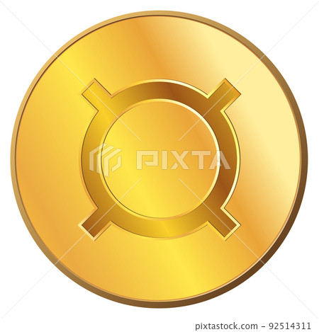 Golden coin with universal currency sign front view isolated on white. Character used to denote an unspecified currency. Design element. 92514311