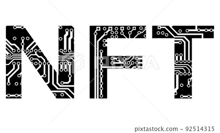 Word silhouette NFT non fungible tokens perforated with PCB circuit board tracks isolated on white background. Modern digital style. Pay for unique collectibles in games or art. Design element. Word silhouette NFT non fungible tokens perforated with PCB circuit board tracks isolated on white background. Modern digital style. Pay for unique collectibles in games or art. Design element. 92514315