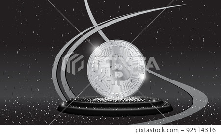 Detailed golden coins Bitcoin in front view on pedestal with sequins on dark background. Gray colors BTC symbol of modern digital gold and money. Header or banner. Detailed golden coins Bitcoin in front view on pedestal with sequins on dark background. Gray colors BTC symbol of modern digital gold and money. Header or banner. 92514316