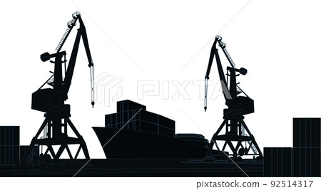 Silhouette commercial cargo port with cranes and container ship at the pier isolated on white background. Silhouette commercial cargo port with cranes and container ship at the pier isolated on white background. 92514317