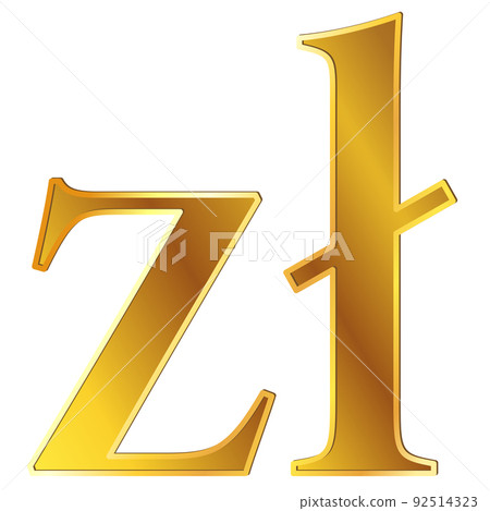 Polish zloty PLN currency golden sign front view isolated on white background. Currency by Central Bank of Poland. Design element. 92514323