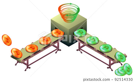 Dirty bitcoins on conveyor go through Tornado Cash and become clean in isometric view isolated on white. Tornado Cash is service for confidential transfer of cryptocurrency. Dirty bitcoins on conveyor go through Tornado Cash and become clean in isometric view isolated on white. Tornado Cash is service for confidential transfer of cryptocurrency. 92514330