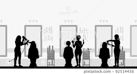 Hairdress salon interior. Black silhouette scene of beauty shop. Styling master with customer. Woman fashion service. Hairdresser at work 92514438