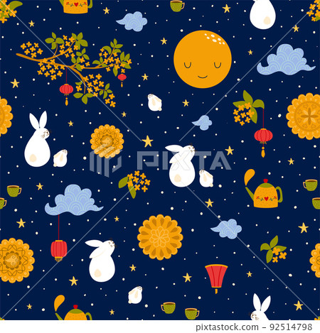 Mooncake festival seamless pattern. Mid Autumn Festival repeat background. Mooncakes, rabbits, Chinese lanterns Mooncake festival seamless pattern. Mid Autumn Festival repeat background. Mooncakes, rabbits, Chinese lanterns 92514798
