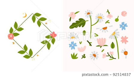 Hand drawn vector abstract graphic set with clipart illustration of ornament frame with flowers,chamomile and leaves in simple style for branding isolated.Modern magic nature design.Magic garden logo. Hand drawn vector abstract graphic set with clipart illustration of ornament frame with flowers,chamomile and leaves in simple style for branding isolated.Modern magic nature design.Magic garden logo. 92514837