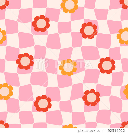 Groovy distorted chessboard background with pink check and daisy Groovy distorted chessboard background with pink check and daisy 92514922