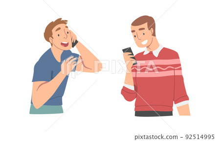 Young people using smartphones set. Smiling men talking and looking at phone screen cartoon vector illustration Young people using smartphones set. Smiling men talking and looking at phone screen cartoon vector illustration 92514995